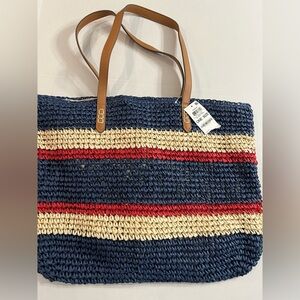 INC Woven Navy, Red & Cream Striped Tote Bag with Tan Handles NWT